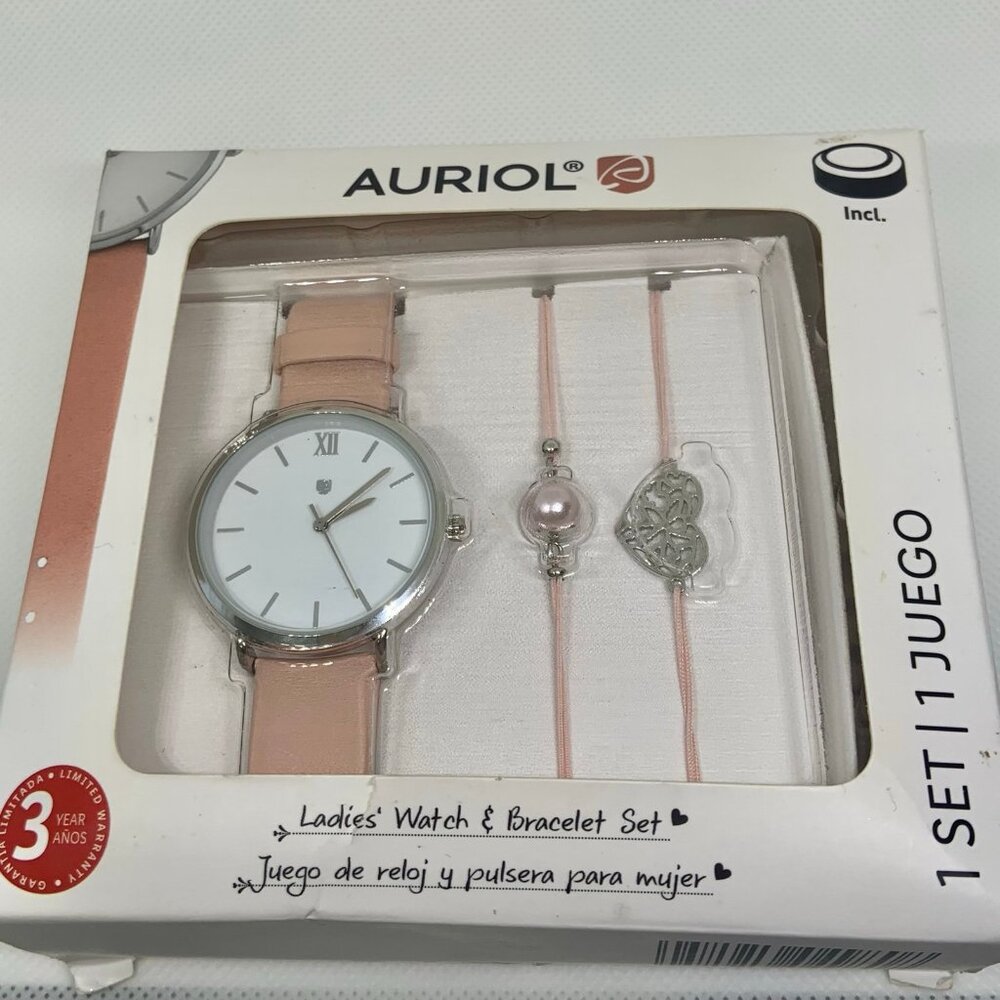 Auriol women watch silver tone 35mm pink leather band with 2 bracelets running